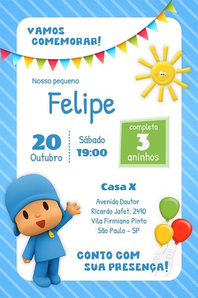 Modelo de Convite de Aniversario - Pocoyo Convite Pocoyo grátis para editar