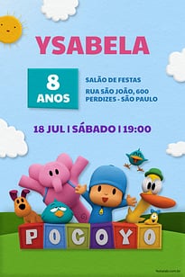 Modelo de Convite de Aniversario - Pocoyo e seus Amigos Convite Pocoyo e seus Amigos grátis para editar