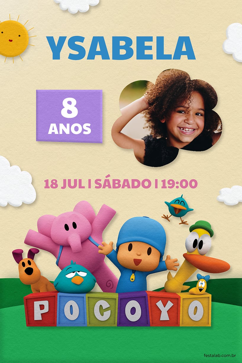 Criar convite de aniversário - Pocoyo e seus Amigos Amarelo| FestaLab