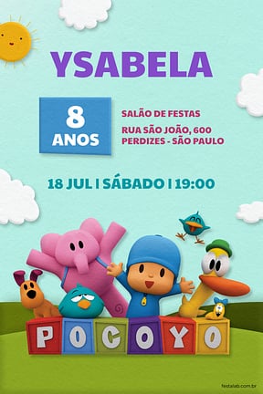 Modelo de Convite de Aniversario - Pocoyo e seus Amigos Azul Convite de Aniversario - Pocoyo e seus Amigos Azul