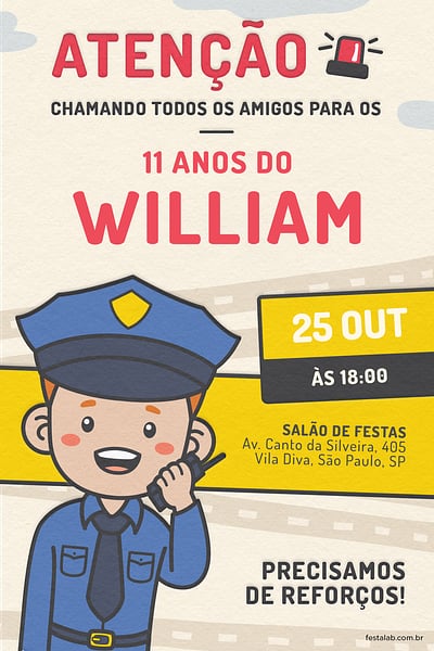 Modelo de Convite de Aniversario - Policial Pardo Convite Policial Pardo grátis para editar