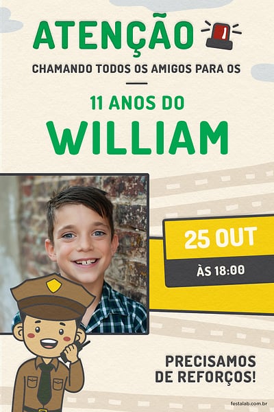 Modelo de Convite de Aniversario - Policia Amarelo Convite Policia Amarelo grátis para editar