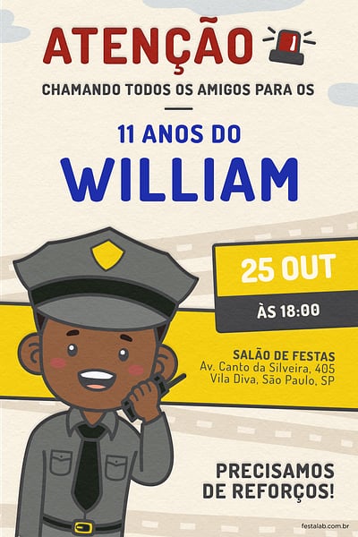 Modelo de Convite de Aniversario - Policial negro Convite Policial negro grátis para editar