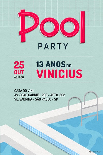 Modelo de Convite de Aniversario - Pool Party Rosa Convite Pool Party Rosa grátis para editar