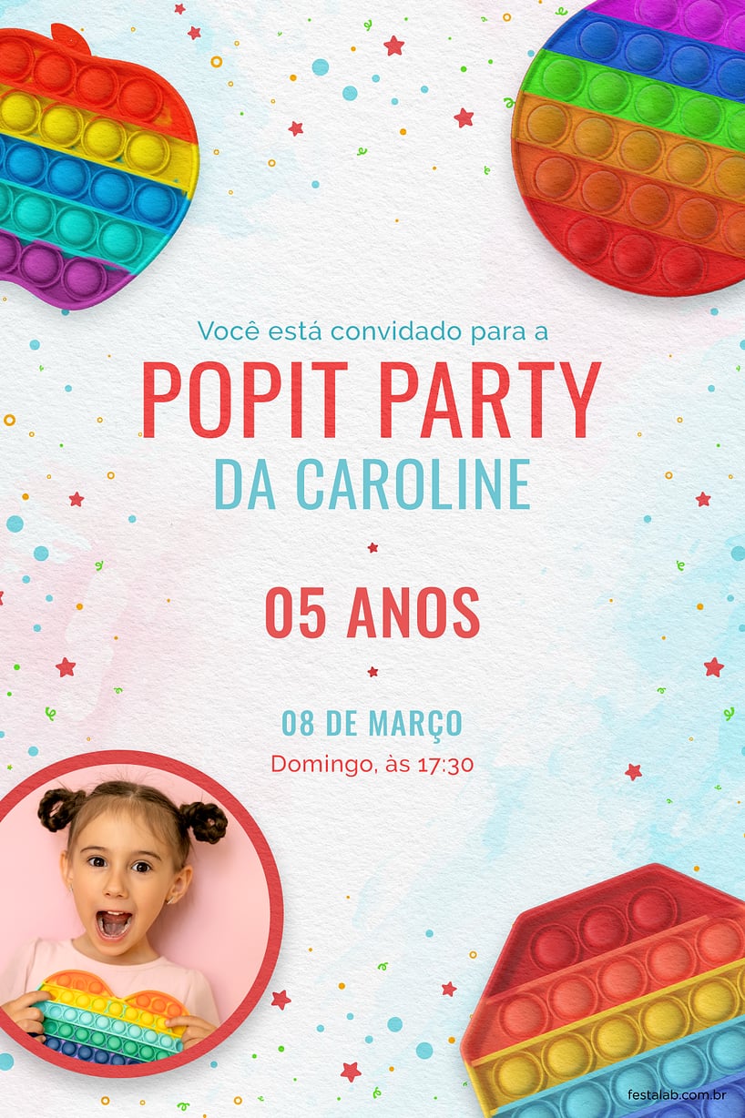 Convite Pop It party azul grátis para editar