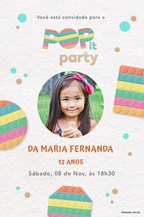 Modelo de Convite de Aniversario - Pop it Colorido Convite Pop it Colorido grátis para editar