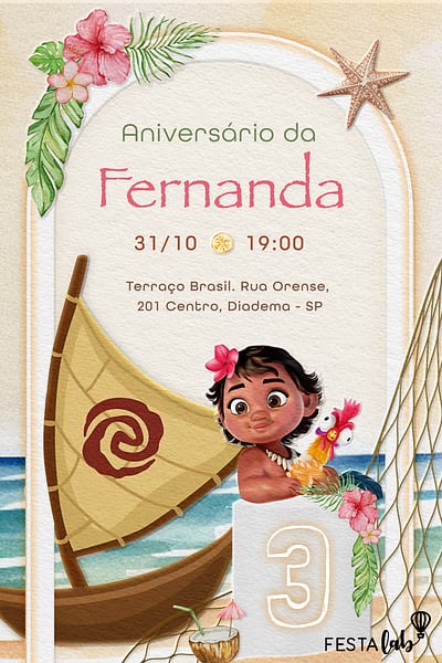 Modelo de Convite de Aniversario - Prainha da Moana Convite Prainha da Moana grátis para editar