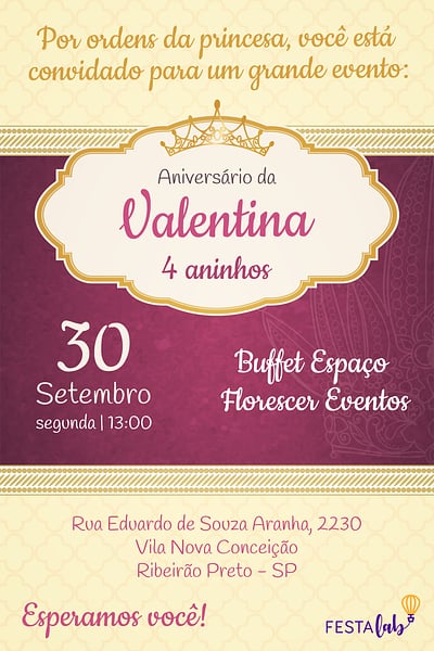 Modelo de Convite de Aniversario - Princesa Convite Princesa grátis para editar