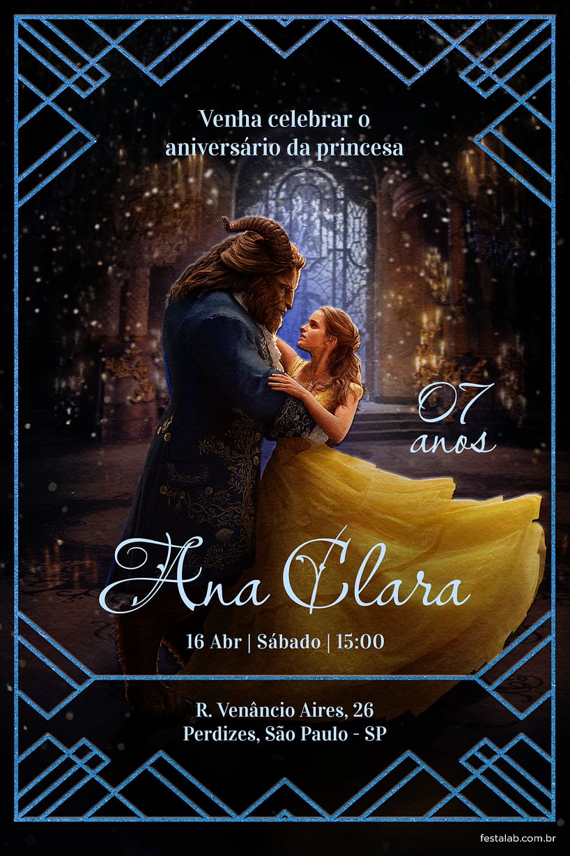 Convite Princesa Bela azul grátis para editar