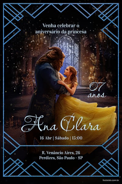 Modelo de Convite de Aniversario - Princesa Bela azul Convite Princesa Bela azul grátis para editar