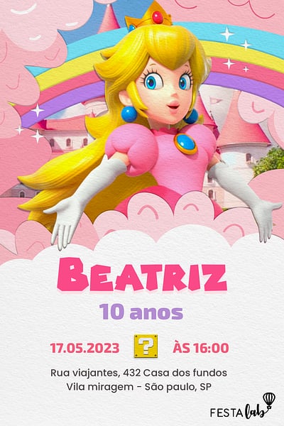 Modelo de Convite de Aniversario - Princesa Peach Convite Princesa Peach grátis para editar
