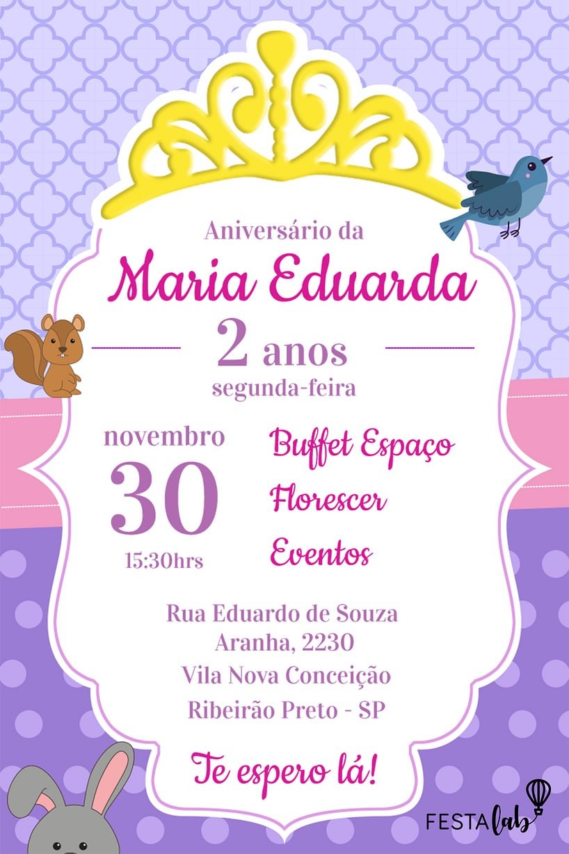 Modelo de Convite de Aniversario - Princesa Sofia Convite Princesa Sofia grátis para editar