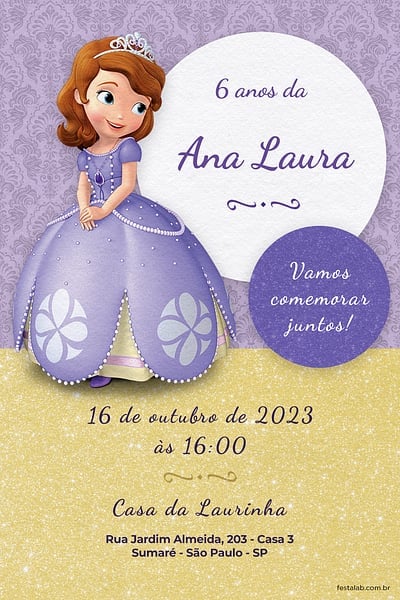 Modelo de Convite de Aniversario - Princesa Sofia Convite Princesa Sofia grátis para editar