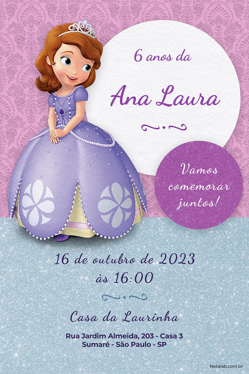 Modelo de Convite de Aniversario - Princesa Sofia Convite de Aniversario - Princesa Sofia