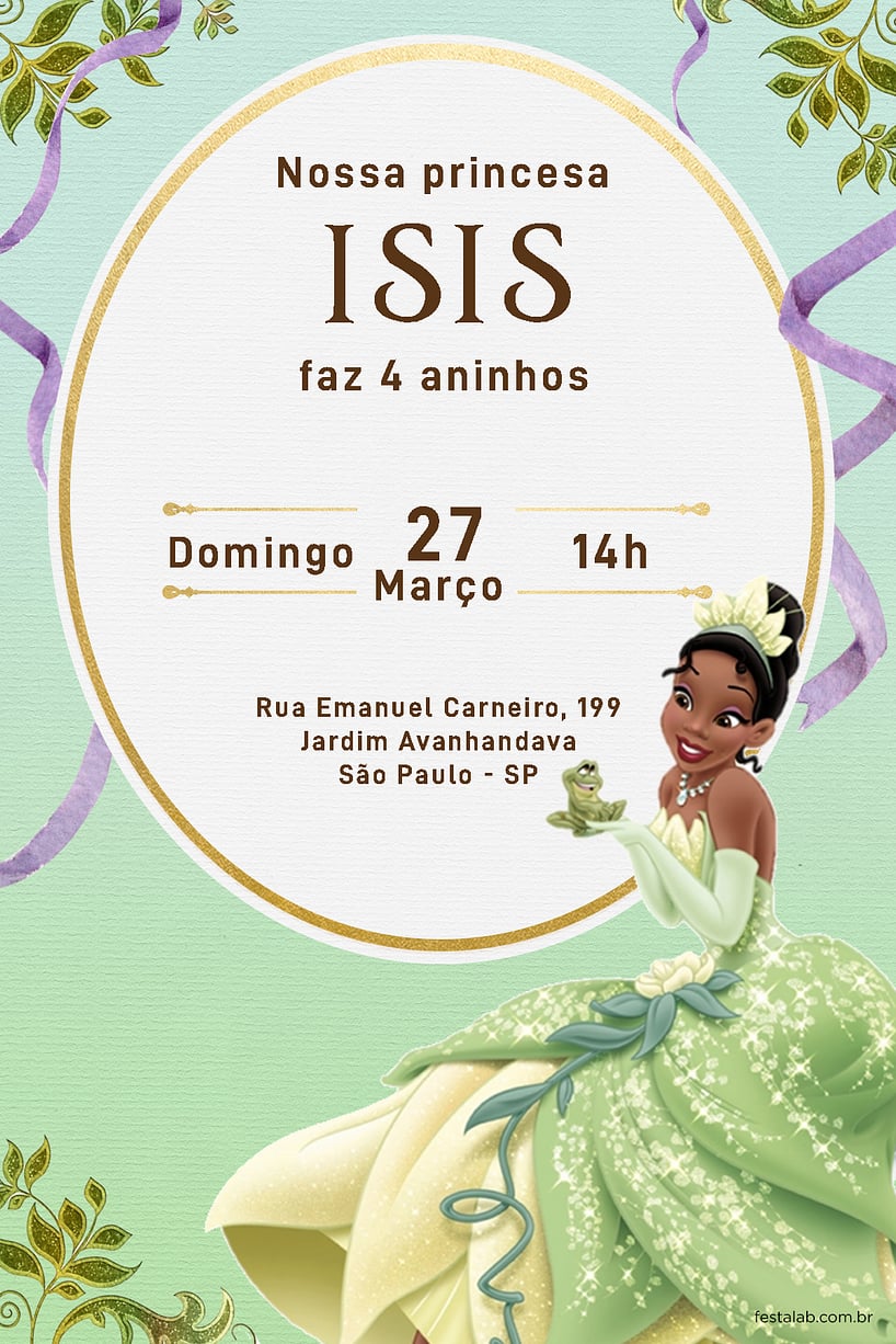 Convite de Aniversario - Princesa Tiana