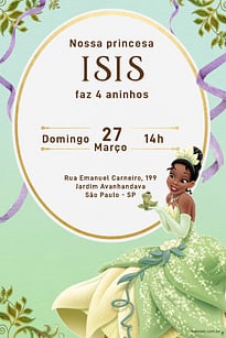 Modelo de Convite de Aniversario - Princesa Tiana Convite Princesa Tiana grátis para editar