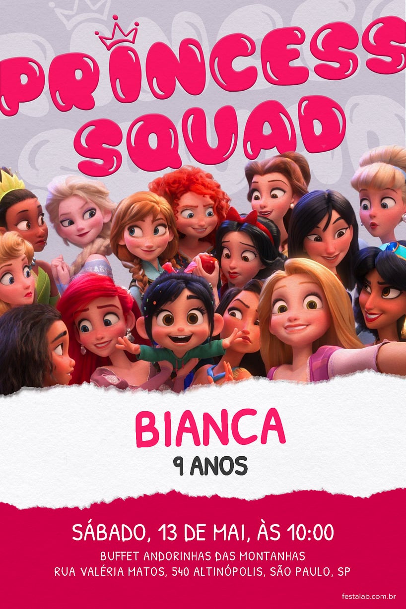 Modelo de Convite de Aniversario - Princess Squad Convite Princess Squad grátis para editar