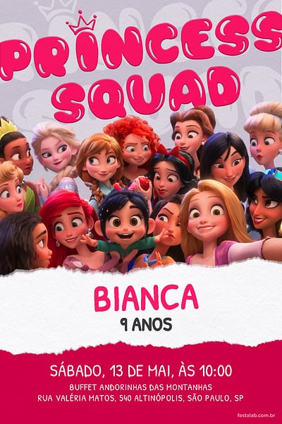 Modelo de Convite de Aniversario - Princess Squad Convite Princess Squad grátis para editar