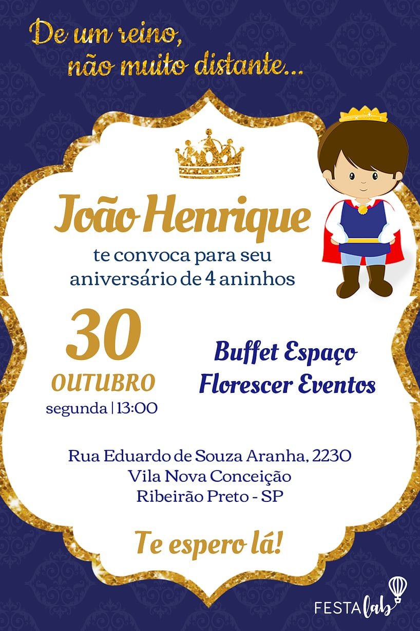 Convite de Aniversario - Principe Realeza