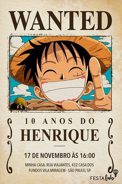 Modelo de Convite de Aniversario - Procura-se Luffy Convite Procura-se Luffy grátis para editar