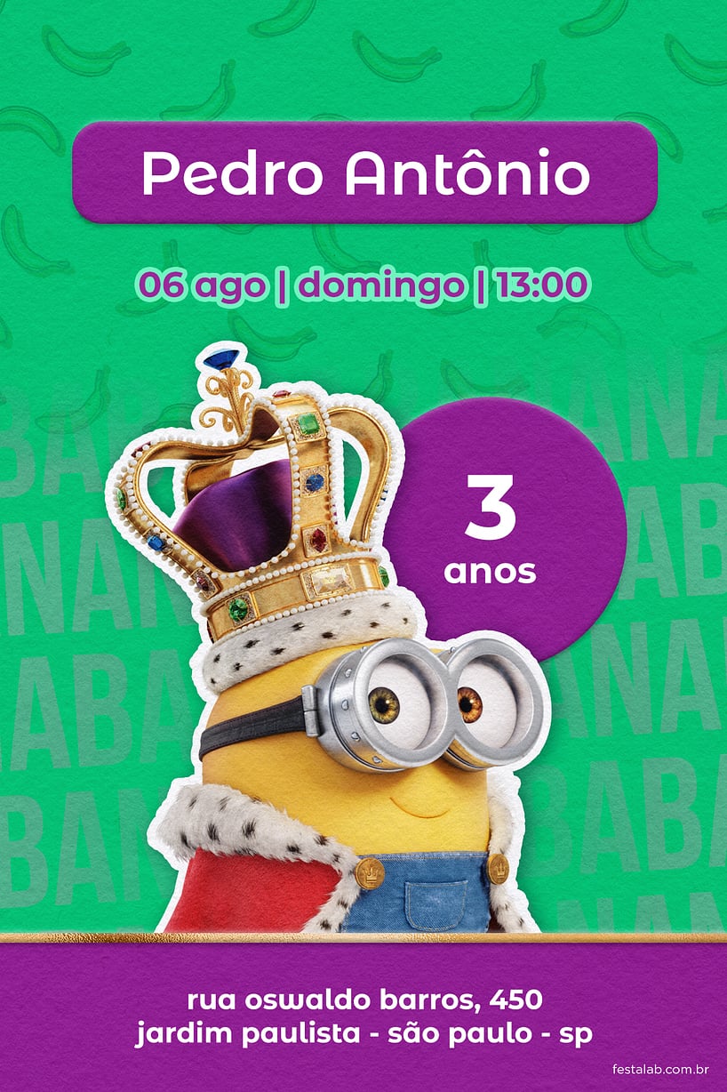 Modelo de Convite de Aniversario - Rei minion roxo Criar convite de aniversário - Rei minion verde| FestaLab