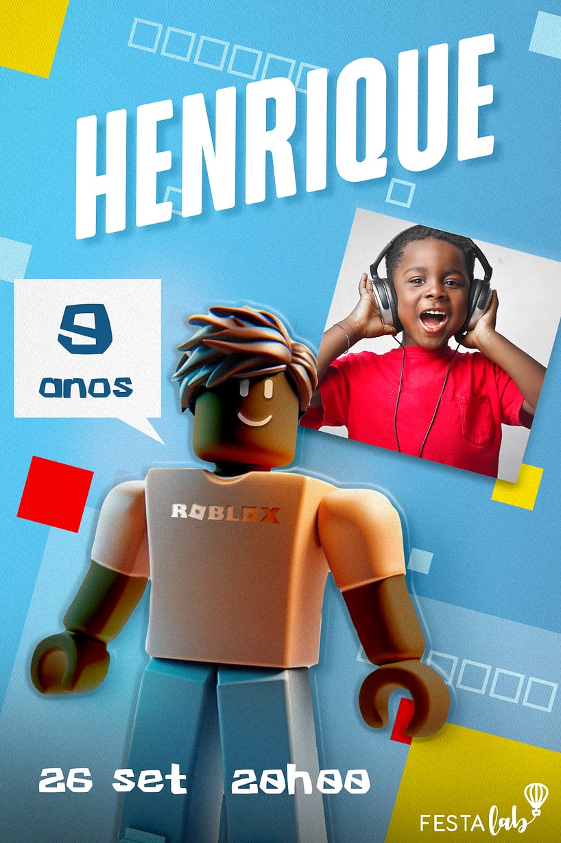 Convite Roblox em festa azul grátis para editar