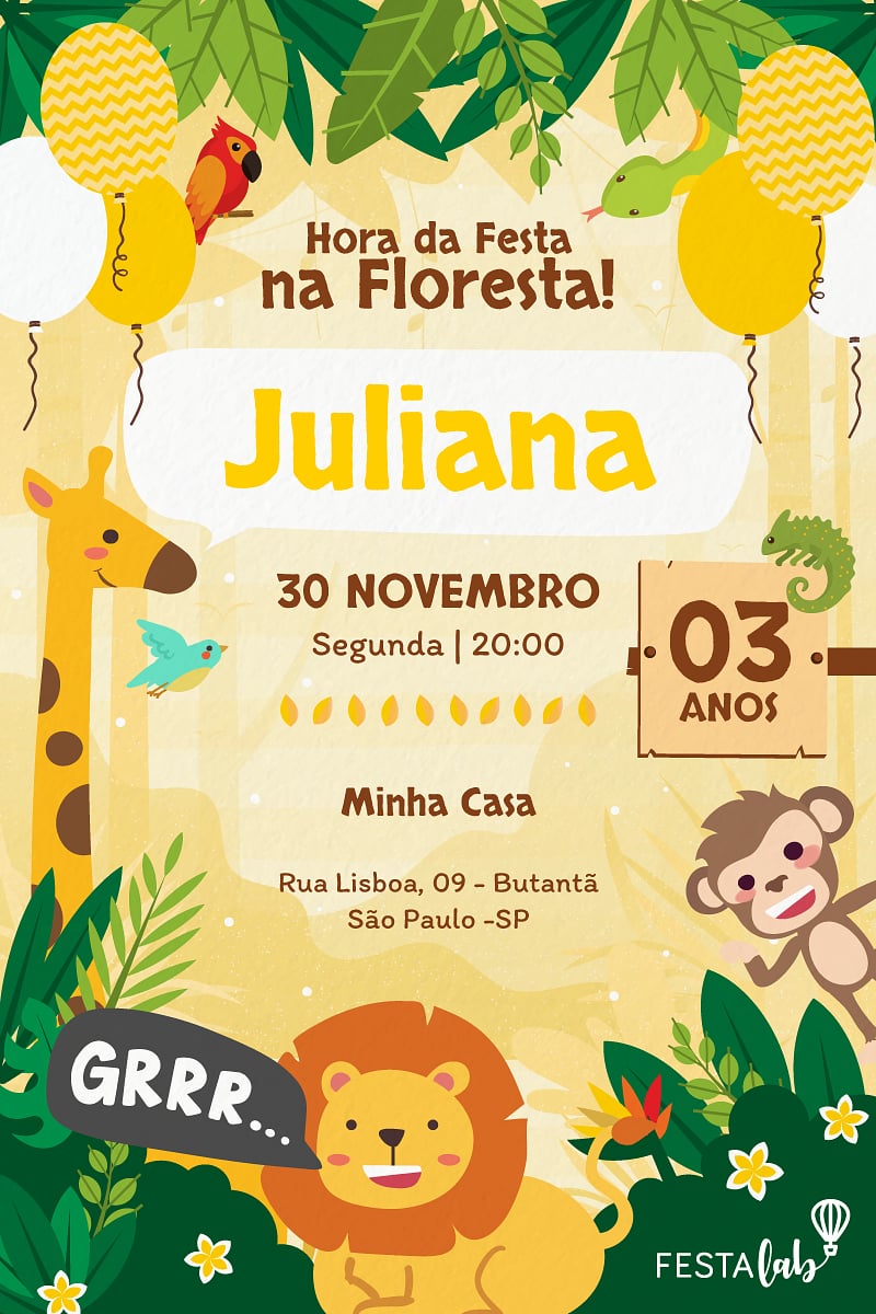 Convite Safari amarelo grátis para editar