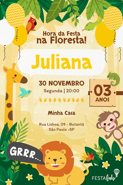 Modelo de Convite de Aniversario - Safari amarelo Convite Safari amarelo grátis para editar
