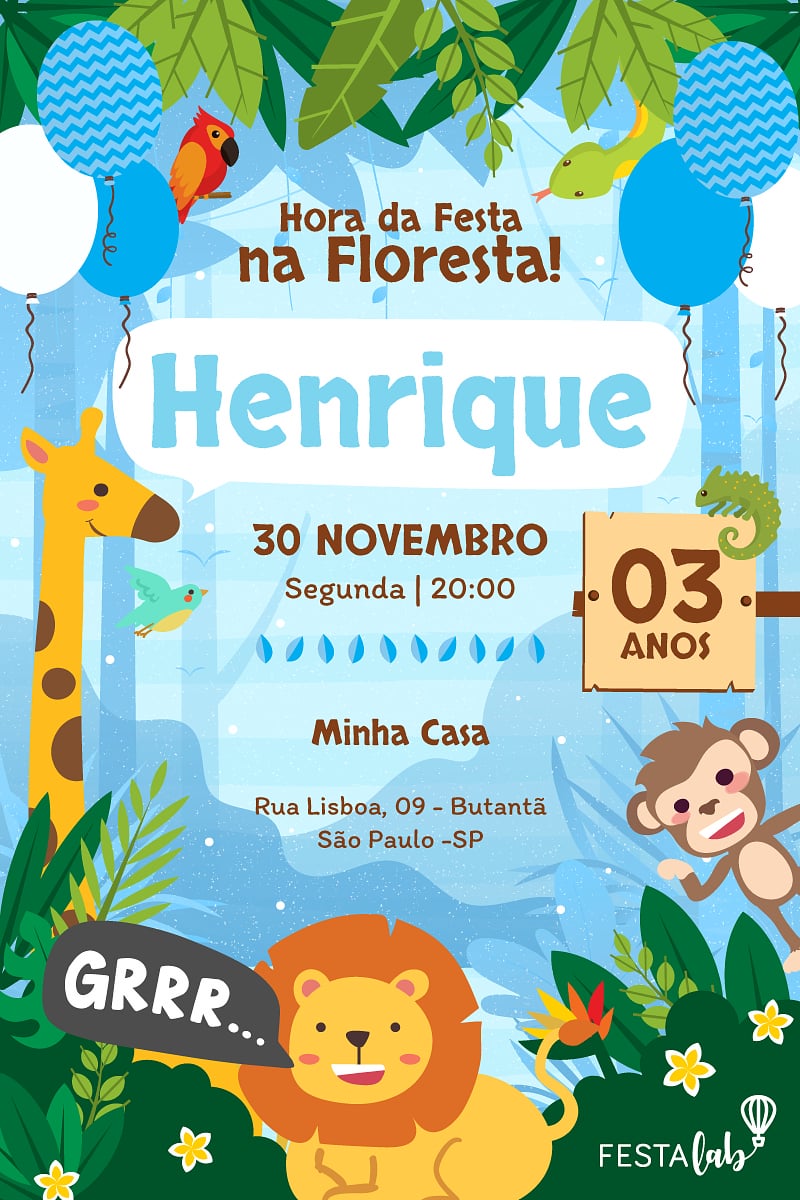 Convite Safari azul grátis para editar
