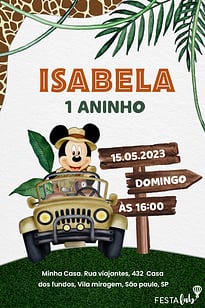 Convite Safari do Mickey grátis para editar