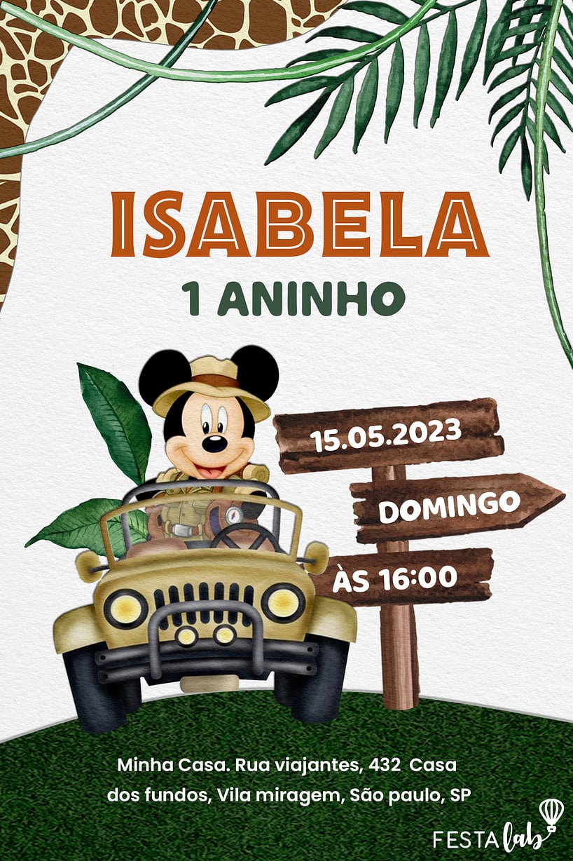 Convite Safari do Mickey grátis para editar