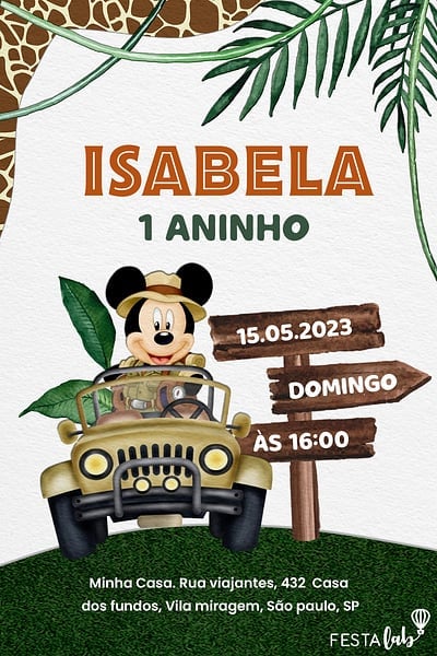 Modelo de Convite de Aniversario - Safari do Mickey Convite Safari do Mickey grátis para editar