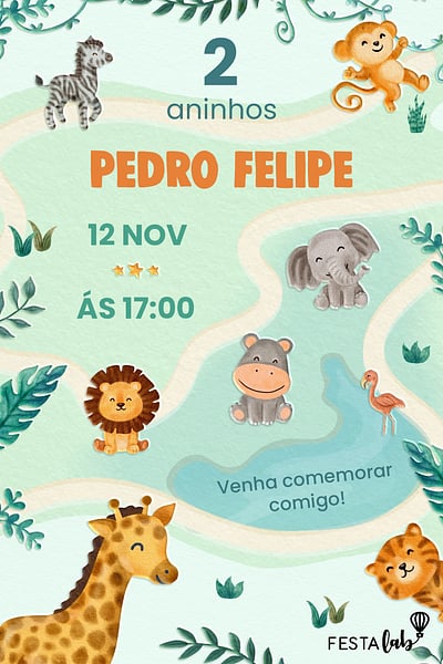 Modelo de Convite de Aniversario - Safari dos Bichinhos Convite Safari dos Bichinhos grátis para editar