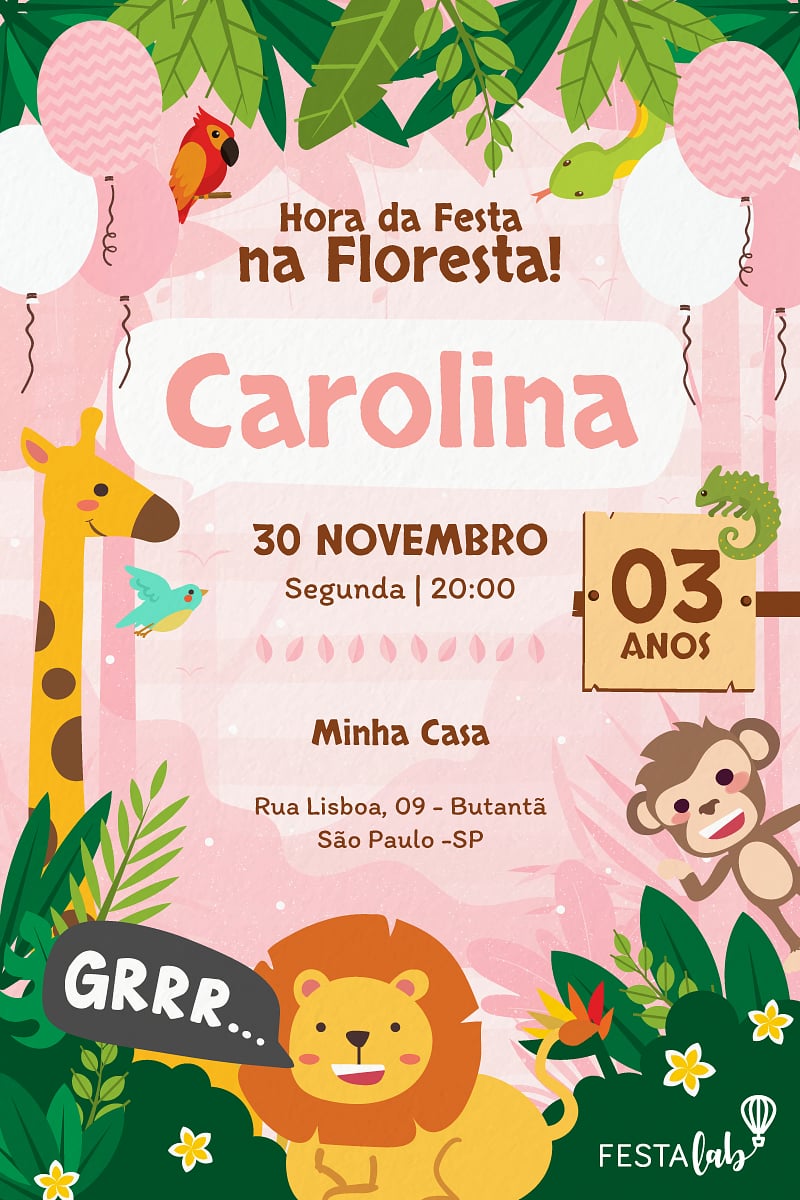 Convite Safari rosa grátis para editar
