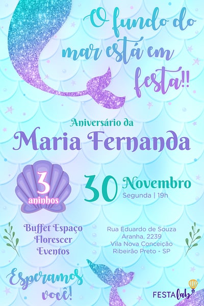 Modelo de Convite de Aniversario - Sereia brilhante Convite Sereia brilhante grátis para editar