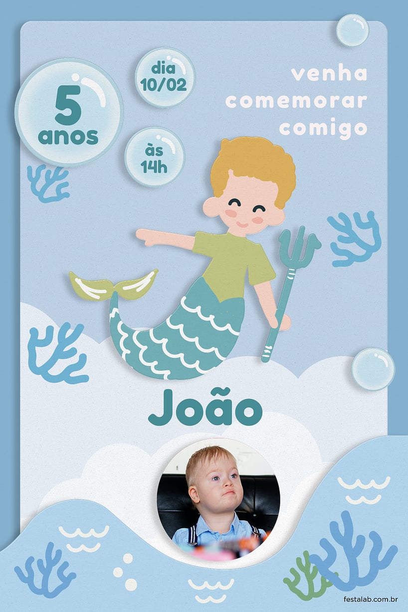 Convite Sereia azul grátis para editar