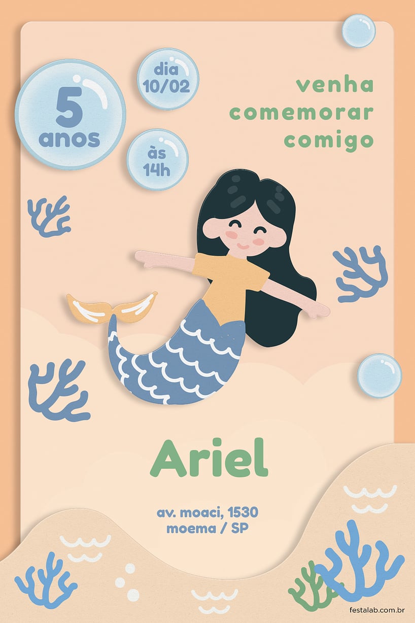 Convite Sereia Laranja grátis para editar