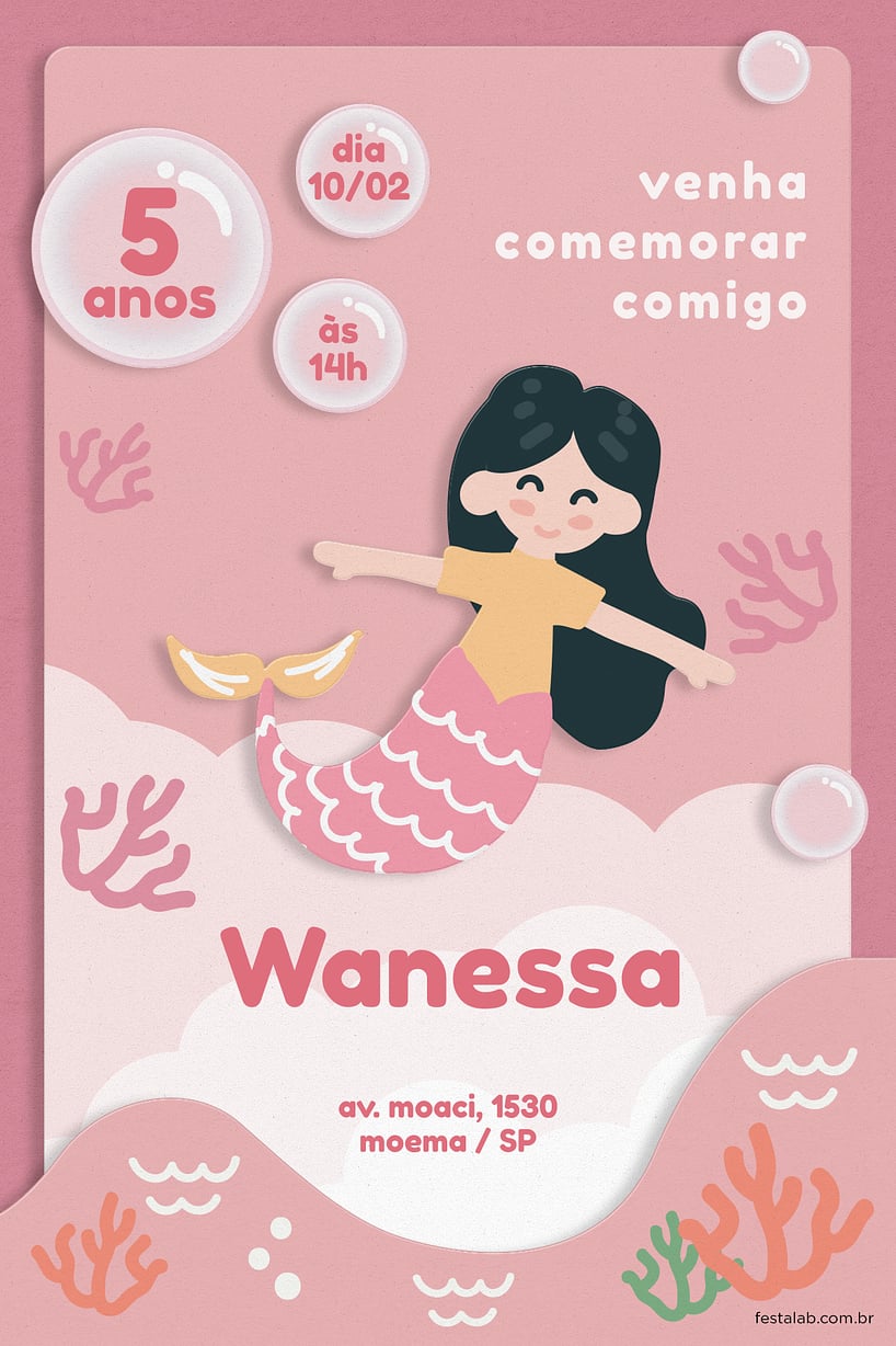Convite Sereia Rosa grátis para editar