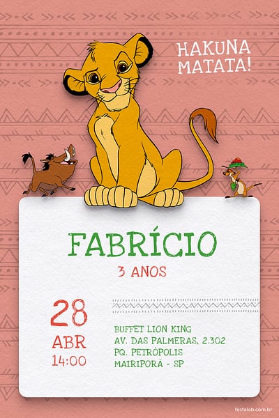 Modelo de Convite de Aniversario - Simba rosa Convite Simba rosa grátis para editar