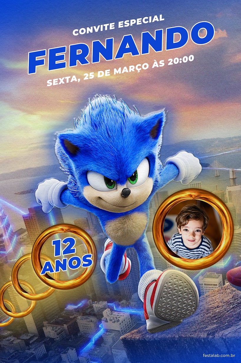 Convite de Aniversário Sonic - 12 Unidades