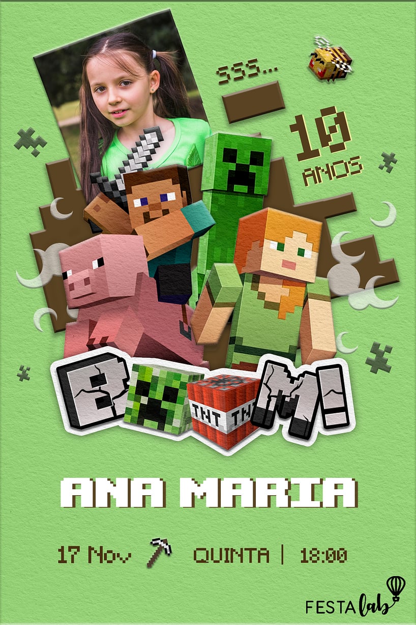 Convite de Aniversario - Steve e Alex: Minecraft