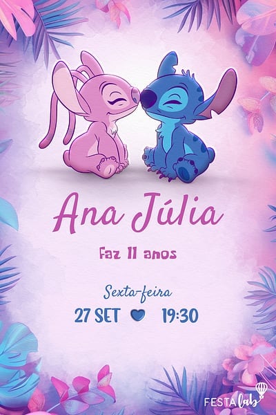 Modelo de Convite de Aniversario - Stitch e Angel Convite Stitch e Angel grátis para editar