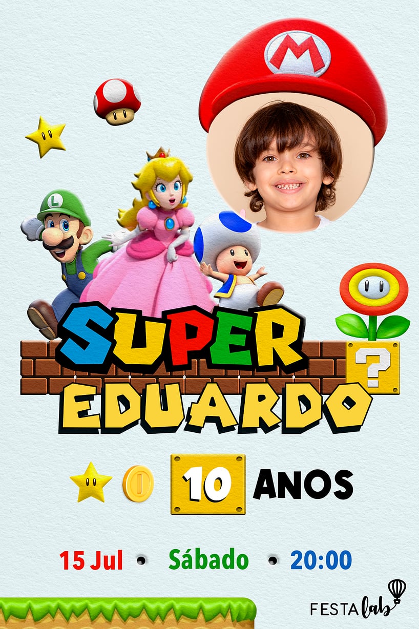 Convite Super Mario grátis para editar