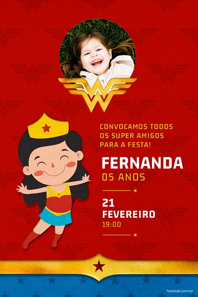 Modelo de Convite de Aniversario - Menina Maravilha Convite Menina Maravilha grátis para editar