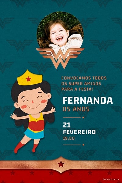 Modelo de Convite de Aniversario - Menina Maravilha Verde Convite Menina Maravilha Verde grátis para editar