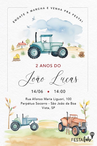 Criar convite de aniversário - Trator aquarelado| FestaLab