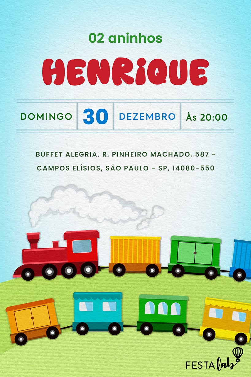 Criar convite de aniversário - Trenzinho Colorido| FestaLab
