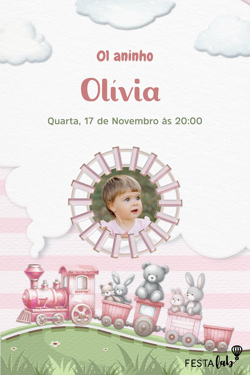 Criar convite de aniversário - Trenzinho dos Ursinhos Rosa| FestaLab