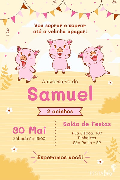 Criar convite de aniversário - Três Porquinhos| FestaLab