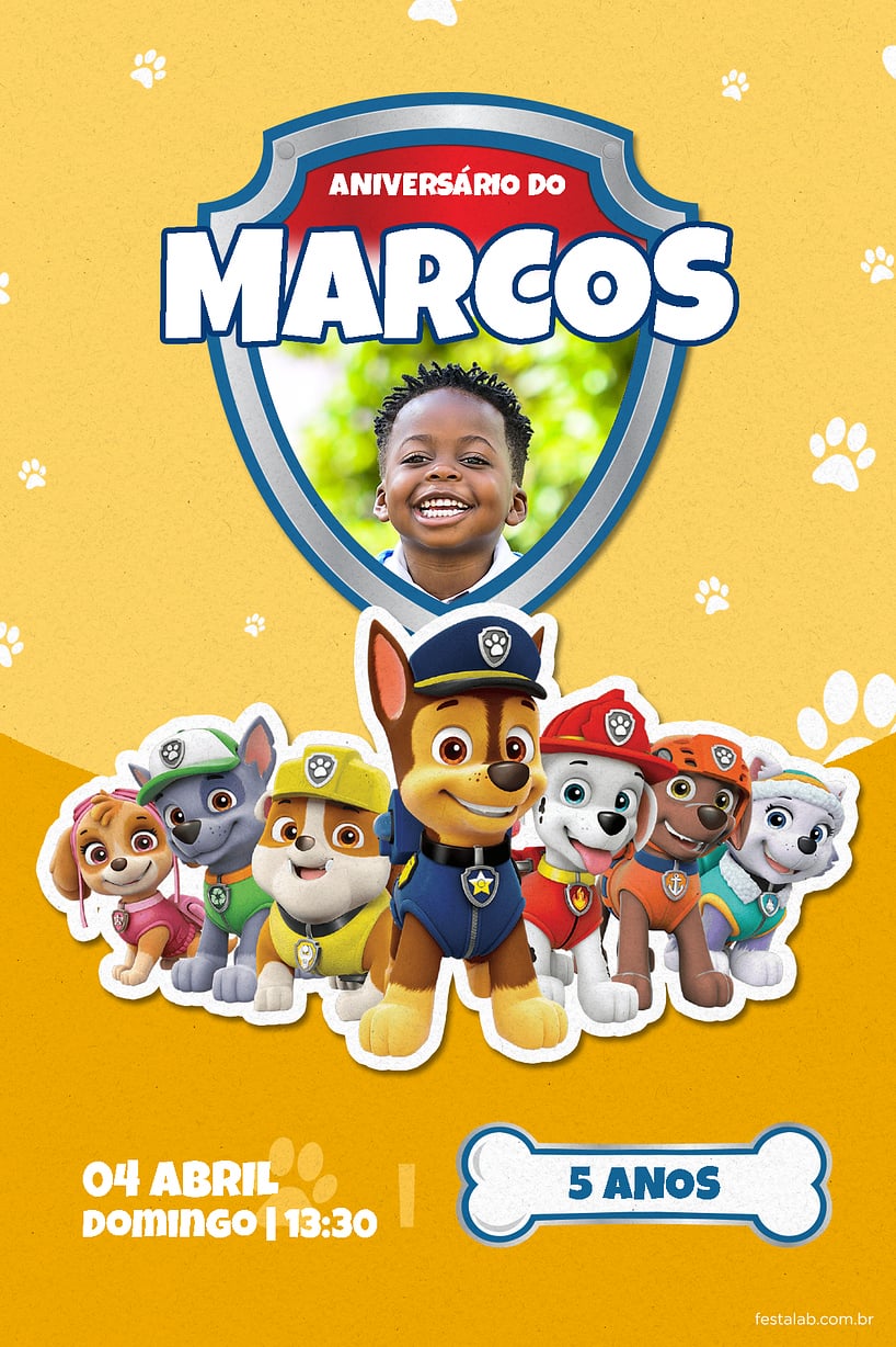 Convite de Aniversario - Turma da patrulha amarelo